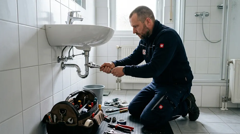 Monteur bei der Rohrreparatur unter der Spüle